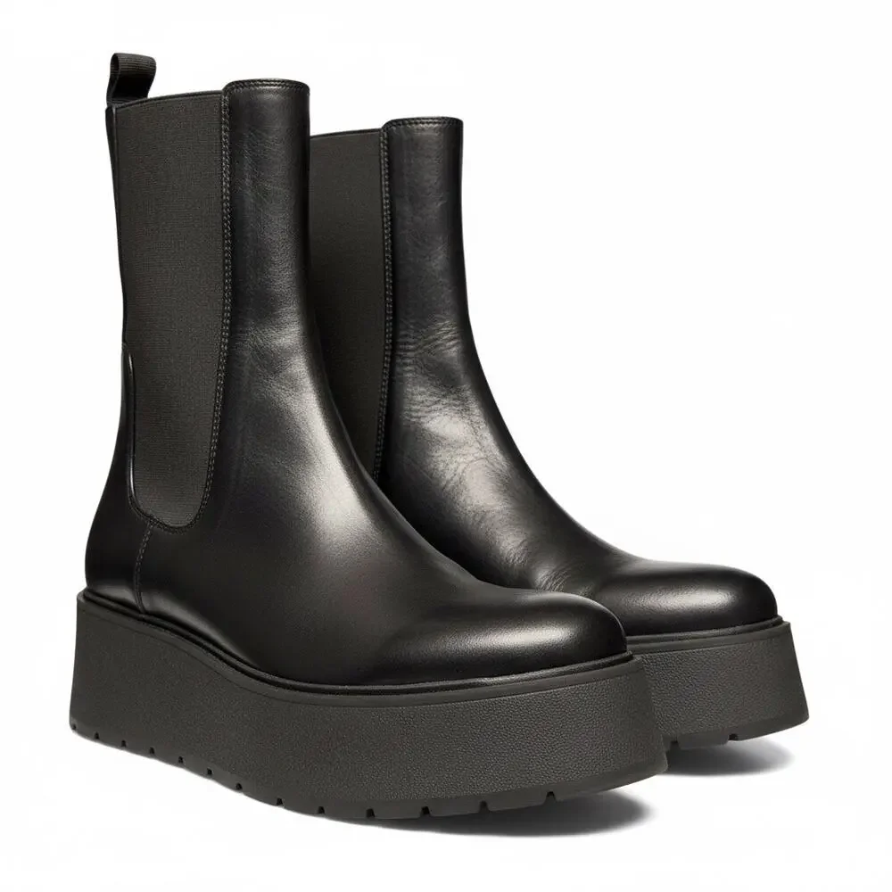 ZARA Flat Platform Black High Ankle Genuine Leather Boots EU 39 Women's 8.5